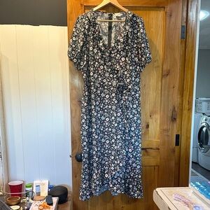 LOFT Gray/Blue Floral Ruffle Midi Dress